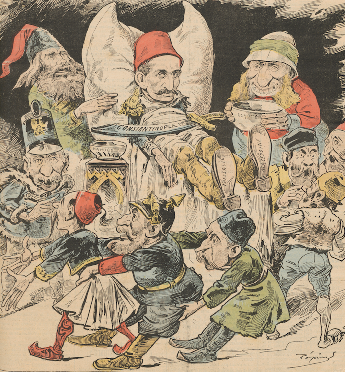 Sultan Abdülhamid II as the 'Sick Man of Europe' on the cover of Le Grelot, 21 February 1897. Heidelberg University Library. Public Domain.